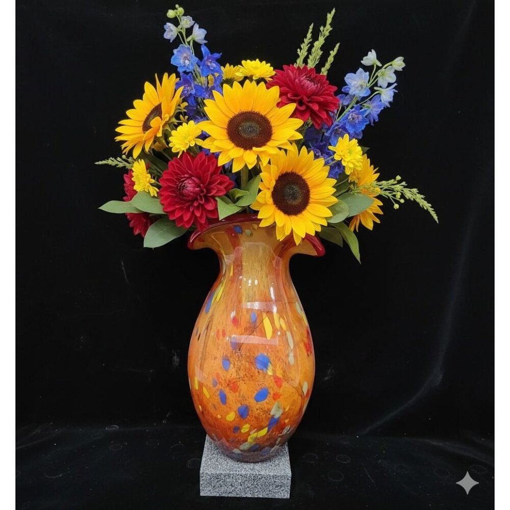 Monumental 17" MASTER Murano Orange Mosaic Art Glass Vase Gold Aventurine Base